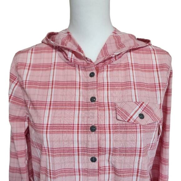 Prana Anja Button Up Hooded Popover Long Sleeve Pink Plaid Size M - Picture 2 of 11